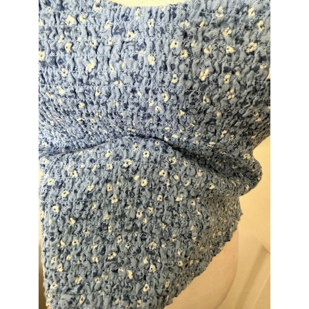 Abercrombie Women Blue Floral Smocked Crop Top Puff Sleeve Size L